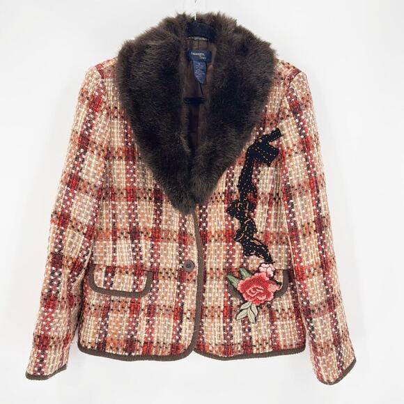 Fundamental Things jacket Tweed faux fur Collared embroidered flower size 12 - Picture 1 of 6